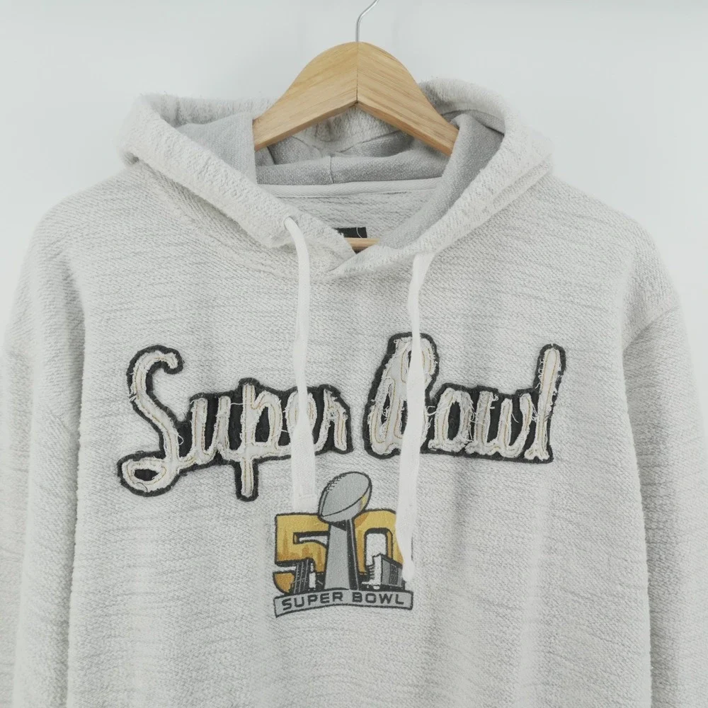 NFL Super Bowl 50 Hoodie Mens Large Gray Slub Knit Applique Sweatshirt